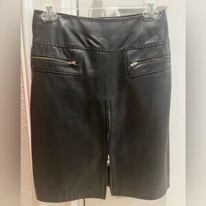 Cache Navy Leather Pencil Skirt with Zipper Accents